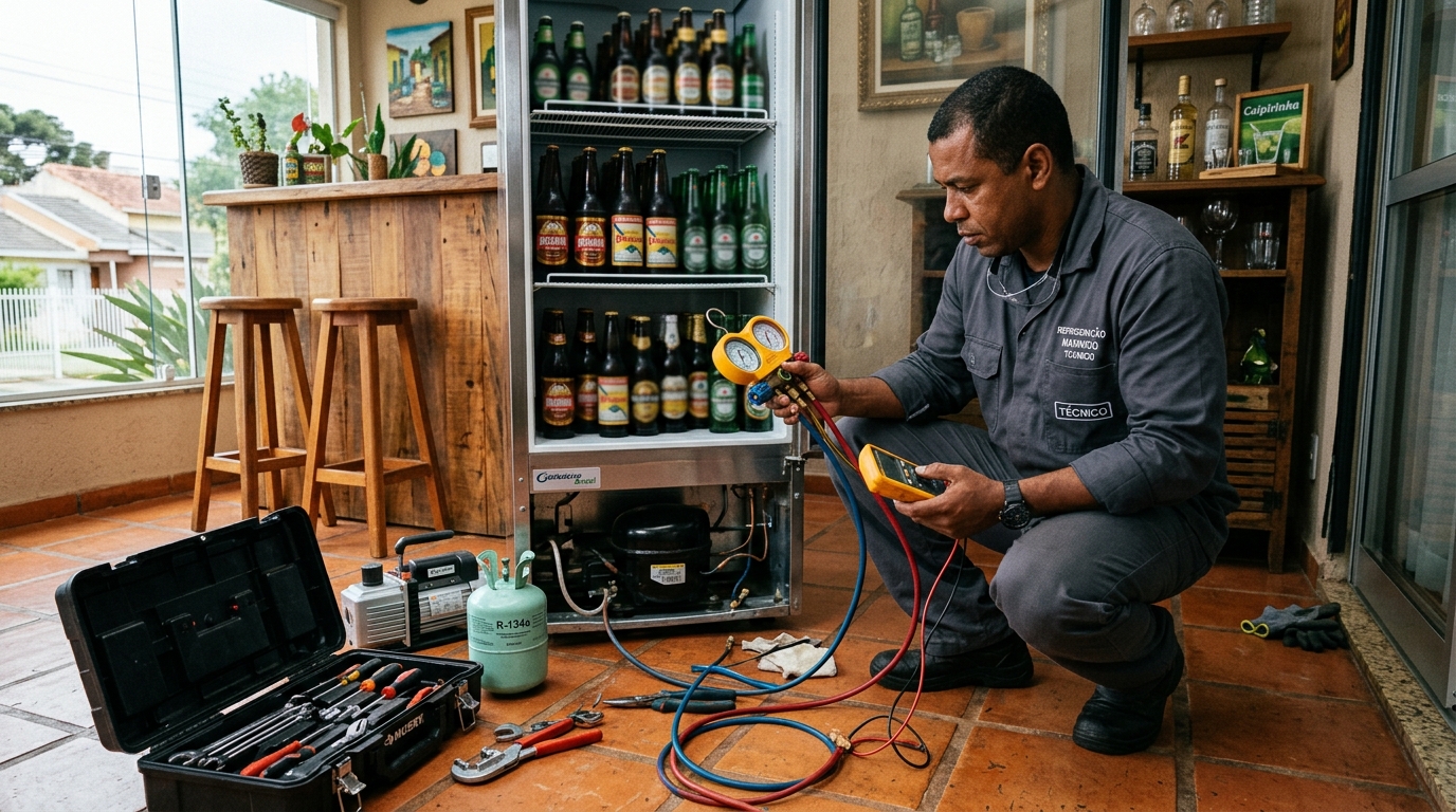 Profissional trocando compressor de equipamento comercial em Divinópolis‑MG