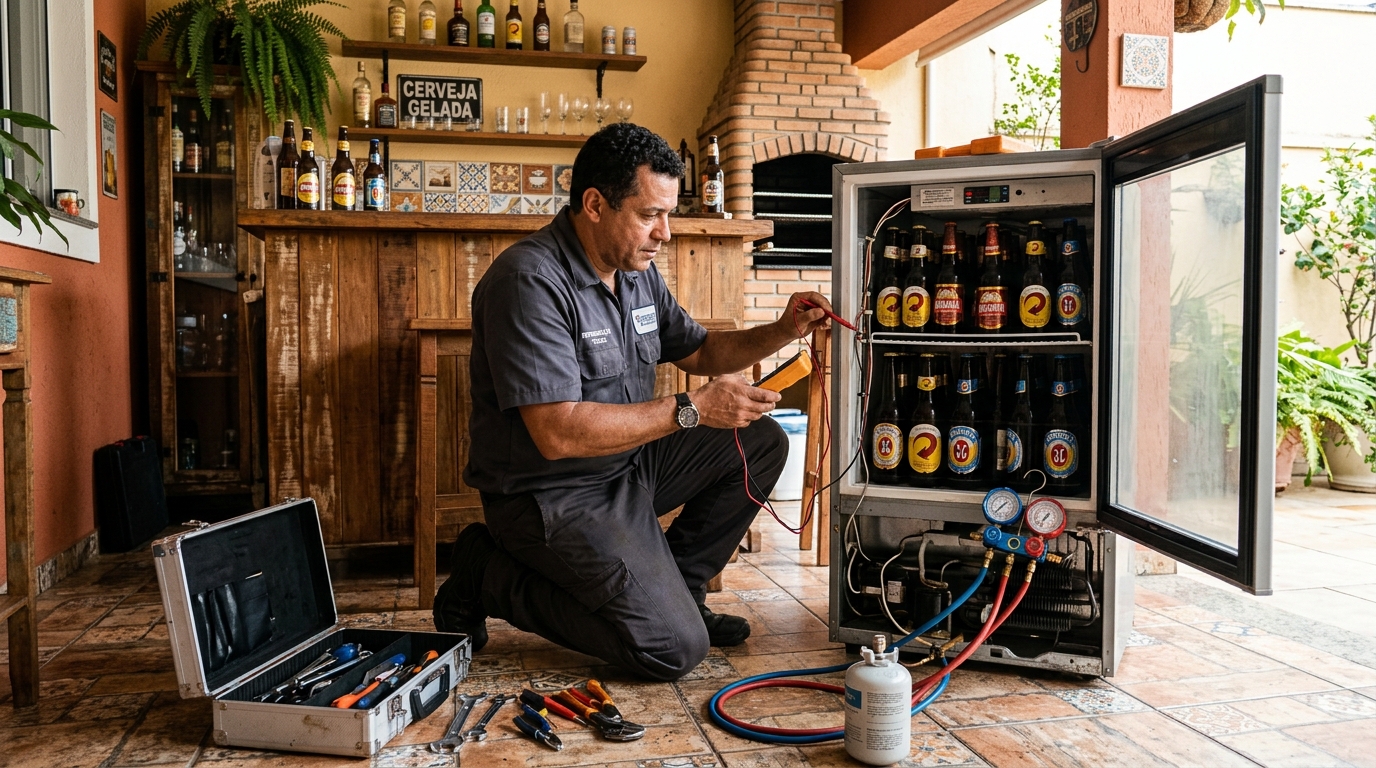 Recarga de gás em expositor de bebidas durante atendimento em Divinópolis‑MG